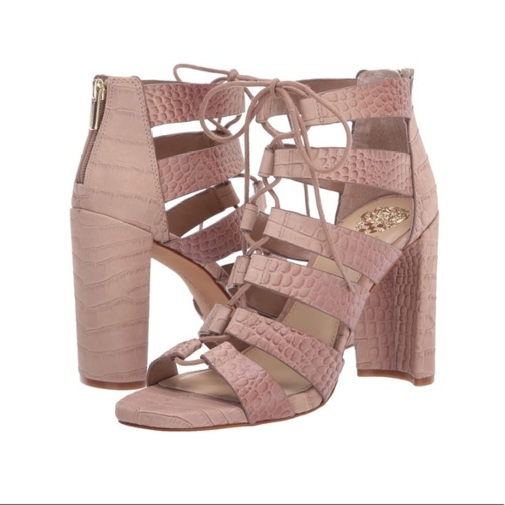 Vince Camuto Laceup Heels Pink Pastel Ankle Strap Block Chunky Heel Animal